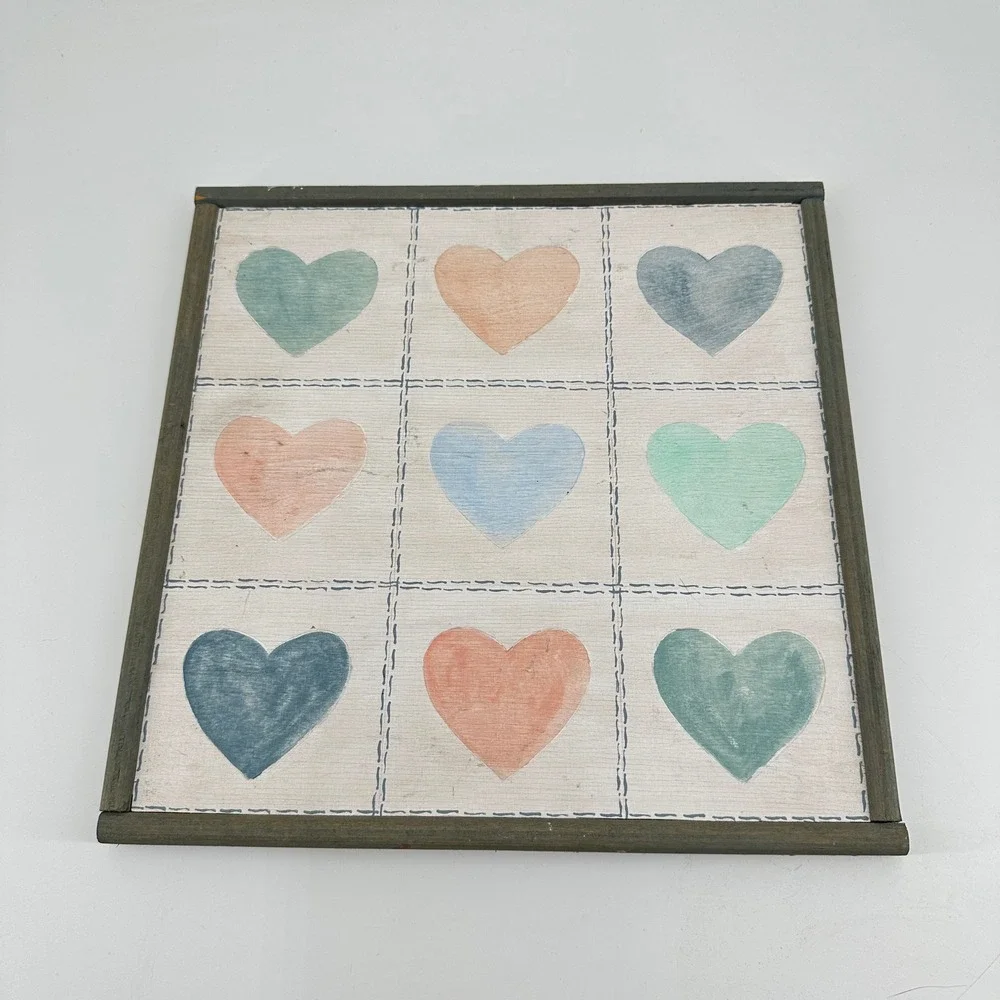 Rustic Wooden Square Wall Art Nine Pastel Hearts Grid Grey Frame 12x12